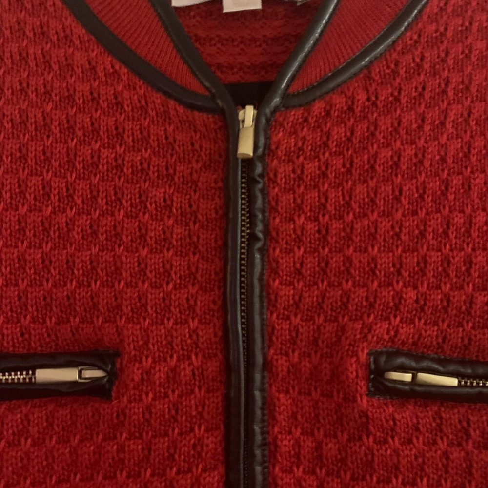 Boston Proper Red Sweater Cardigan with Faux Leather Black Trim - Picture 4 of 6